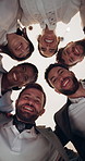Group, huddle and colleagues with smile, unity and celebration of collaboration in company or support. Above, investor and people with solidarity for work, corporate and face of employees in business