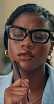 Business, black woman and thinking of solution in office for creative process, article research or blog insight. Journalist, reflection and feedback review for story editing, proofreading or planning