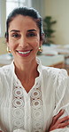 Office, mature woman and face with arms crossed for business, company growth and manager with smile. Career, female person and consultant in portrait for mission, about us and confidence for startup
