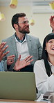 Business, celebration and people with applause by laptop for corporate funding approval and company success. Finance team, excited and high five for investment opportunity, email announcement or deal