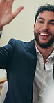 Business, man or excited with high five in office for company achievement or investment opportunity. Financial analyst, good news or employee celebration for sales growth, funding approval or success