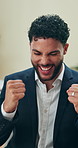Business, man and excited with celebration in office for company finance performance and investment opportunity. Financial analyst, happy and high five employees for sales growth and funding approval