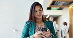 Phone, communication and businesswoman in convention center for email with client feedback. Reading, contact and Asian journalist on cellphone with online review at magazine publishing conference.