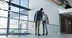 Handshake, meeting and welcome with business people in hallway of convention center for greeting. Friendly, hello and partnership with employee people shaking hands at conference for development