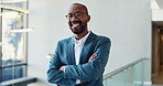 Arms crossed, corporate and face of business black man in convention center for career or upskill development. Conference, happy and smile with confident African employee at tradeshow for opportunity