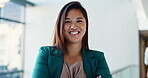 Arms crossed, corporate and face of business woman in convention center for career or upskill development. Conference, confident and smile with happy Asian employee at tradeshow for opportunity