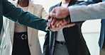Hand stack, collaboration and business people in office with unity, community and teamwork. Solidarity, connection and group of coworkers with diversity for synergy, trust and bonding in meeting.