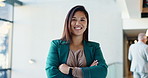 Arms crossed, face and smile of business Asian woman at conference for career or upskill development. Confident, corporate and tradeshow with happy employee at convention center for opportunity