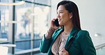 Phone call, business and woman in office, smile and creative with schedule, chatting and network. Asian person, entrepreneur or fashion designer with smartphone, negotiation for project or discussion