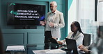 Presentation, meeting and mature businessman in office with integration of generative AI on financial service. Discussion, screen and speaker with bankers for tech development to detect finance fraud