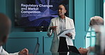 Presentation, meeting and businesswoman in office with team for regulatory changes and market competition. Discussion, screen and speaker with bankers for financial capital requirement for company.