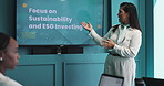 Presentation, meeting and businesswoman in office with team for sustainability and ESG investing. Discussion, screen and company speaker with bankers for financial proposal with investment plan.