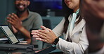 Business, celebration or hands of woman with applause for corporate funding success, investment and opportunity. Presentation, finance employees or clapping in office for achievement and sales growth