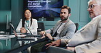 Meeting, planning and team of business people in office with regulatory changes and market competition. Discussion, futuristic and finance managers with new compliance for investment forecasting.