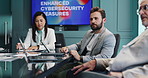 Presentation, meeting and business people in office for cybersecurity training, workshop and info. Professional, corporate and workers with monitor for data protection, digital security and safety