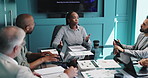 Workshop, group and business woman in discussion for financial services, banking and planning. Team, cooperation and manager speaking in office for investment meeting, profit growth and strategy idea