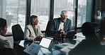 CEO talking, team and business people with laptop for financial results, banking data and planning. Group, cooperation and manager in office for investment meeting, profit analysis and revenue charts