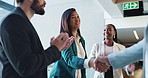 Business woman, handshake and celebration for partnership in conference, company seminar or acquisition. Staff applause, meeting and investment in merger, negotiation success or clapping for support