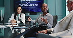 Tablet, group and business woman in discussion for ecommerce, planning or retail expansion. Teamwork, cooperation and manager speaking in office for meeting, solution and idea for online sales growth