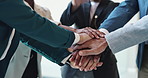 Stack of hands, solidarity and business people in office with unity, collaboration and teamwork. Partnership, connection and group of coworkers with career for synergy, trust and bonding in meeting.