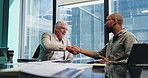 CEO, team and business men with handshake for financial deal, funding and investment in office. Smile, collaboration and shaking hands for support, agreement and talking with negotiation success