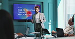 Presentation, meeting and businessman in office with team for rise of personal finance applications. Discussion, screen and speaker with bankers on financial loan, investment or capital for company.