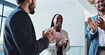 Business woman, handshake and applause for partnership in conference, company seminar or acquisition. Staff, meeting and investment celebration in merger, negotiation success or clapping for support