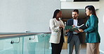 Tablet, group and business people in office for conversation, planning or notebook for investment info. Technology, collaboration or discussion in meeting for finance, economy or brainstorming idea