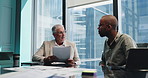 Paperwork, mentor and business men in discussion for financial training, planning and coaching. Team, document and manager talking intern in office for investment meeting, help and project feedback