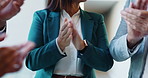 Clapping hands, goal and business people in office with good news, success or victory. Teamwork, celebration and financial managers with applause for company investment approval, profit or revenue.