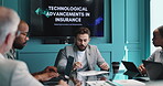 Business documents, presentation or people with discussion for ai development, planning or ideas. Finance team, technological advancement and meeting for data protection, risk management or insurance