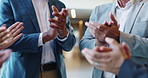 Clapping hands, team and business people in office with good news, success or victory. Celebration, group and financial managers with applause for company investment approval, profit or revenue.
