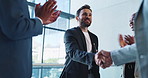 Business people, handshake and applause for meeting in conference, company seminar or acquisition. Staff, partnership and investment celebration in merger, negotiation success or clapping for support