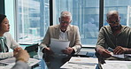 CEO, team and business people in discussion with document for finance data, stats and planning. Group, cooperation and manager with paper in office for investment meeting, revenue growth and strategy