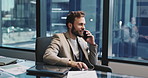 Office, business man and phone call for deal, investment negotiation and broker with offer. Mobile, talking and happy worker with contact for corporate communication, financial advice or consulting