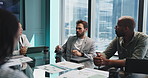 Finance team, cooperation and business people in office, meeting and feedback for stats. Group, budget review and employees in workplace, discussion and documents with profit growth or professional