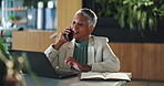 Business, woman and laptop with phone call in cafe for corporate funding negotiation and investment feedback. Financial CEO, mature person and talking to client with notes, planning or b2b networking