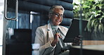 Tablet, mature and business woman in office cubicle for privacy, reading or accountant check revenue. Happy manager, technology or online for budget, scroll or financial bookkeeping in soundproof pod