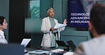 Business documents, presentation and people with screen for ai development, data analytics or planning. Speaker, technological advancement and meeting for risk management, insurance and training info