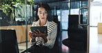 Tablet, business woman and office pod for privacy, concentration and accountant with productivity boost. Soundproof booth, worker and laptop for research, budget and financial bookkeeping for audit