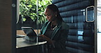 Tablet, business woman and office cubicle for privacy, concentration and accountant check revenue. African worker, technology and online for budget, financial bookkeeping or audit in soundproof pod