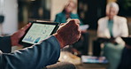 Hands, tablet screen and business people with stats, presentation and feedback for profit growth. Closeup, employees and man in office, technology or graphs with income, review charts or stock market