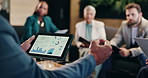 Hands, tablet screen and business people with charts, presentation and feedback for profit growth. Closeup, employees and man in office, technology or graphs with income, review stats and accounting
