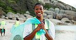 Face, beach and woman with trash bag, volunteer and sustainability with earth day, climate change and environment. Portrait, happy person and activist with plastic collection, eco friendly or seaside