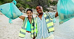 Celebration, face and litter with friends on beach for cleaning, conservation or environmental activism. Charity, earth and recycling with happy people on coast for achievement, teamwork or success