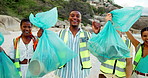 Face, high five and rubbish with friends on beach for cleaning or environmental conservation Activism, charity and recycling with group of happy people on coast for achievement, teamwork or success