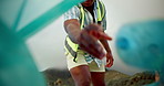 Hands, outdoor and men cleaning with trash bag, teamwork and sustainability on Earth day. Climate change, pov and people outside with plastic collection, waste management or environment pollution