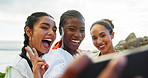 Outdoor, friends and peace with selfie for travel, holiday memory and bonding together with happiness. Group of people, women and smile with photography for social media, profile picture and vacation