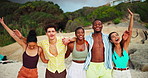 Hug, group and face of friends by beach on tropical vacation, travel or holiday together. Excited, portrait and students by ocean for spring break, weekend trip or getaway with freedom by seaside.