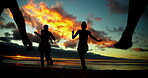 Sunset, beach and running with vacation, friends and travel with weekend break, cardio and tropical island. People, silhouette and ocean with summer holiday, nature and energy with water and Zanzibar